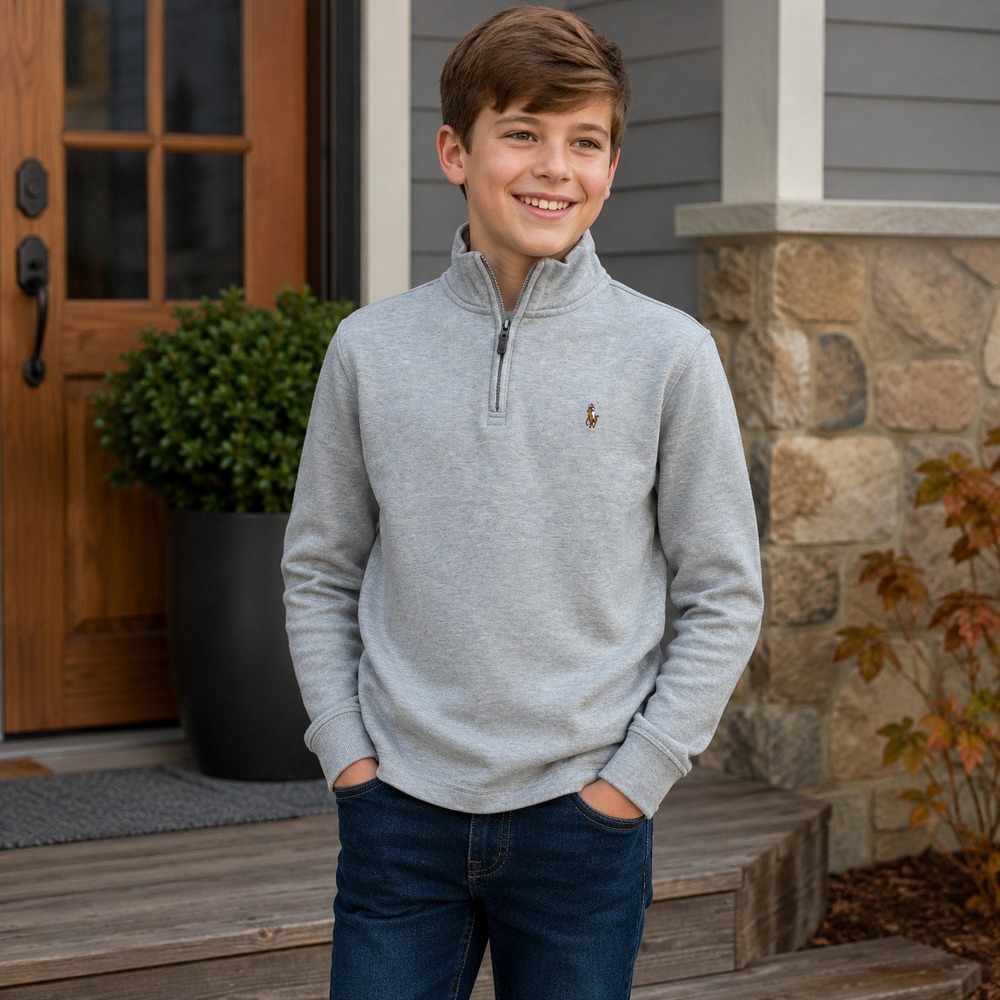 Polo Ralph Lauren Boys Gray 1/4 Zip Pullover Sweater Size M 10-12 Cotton Pony